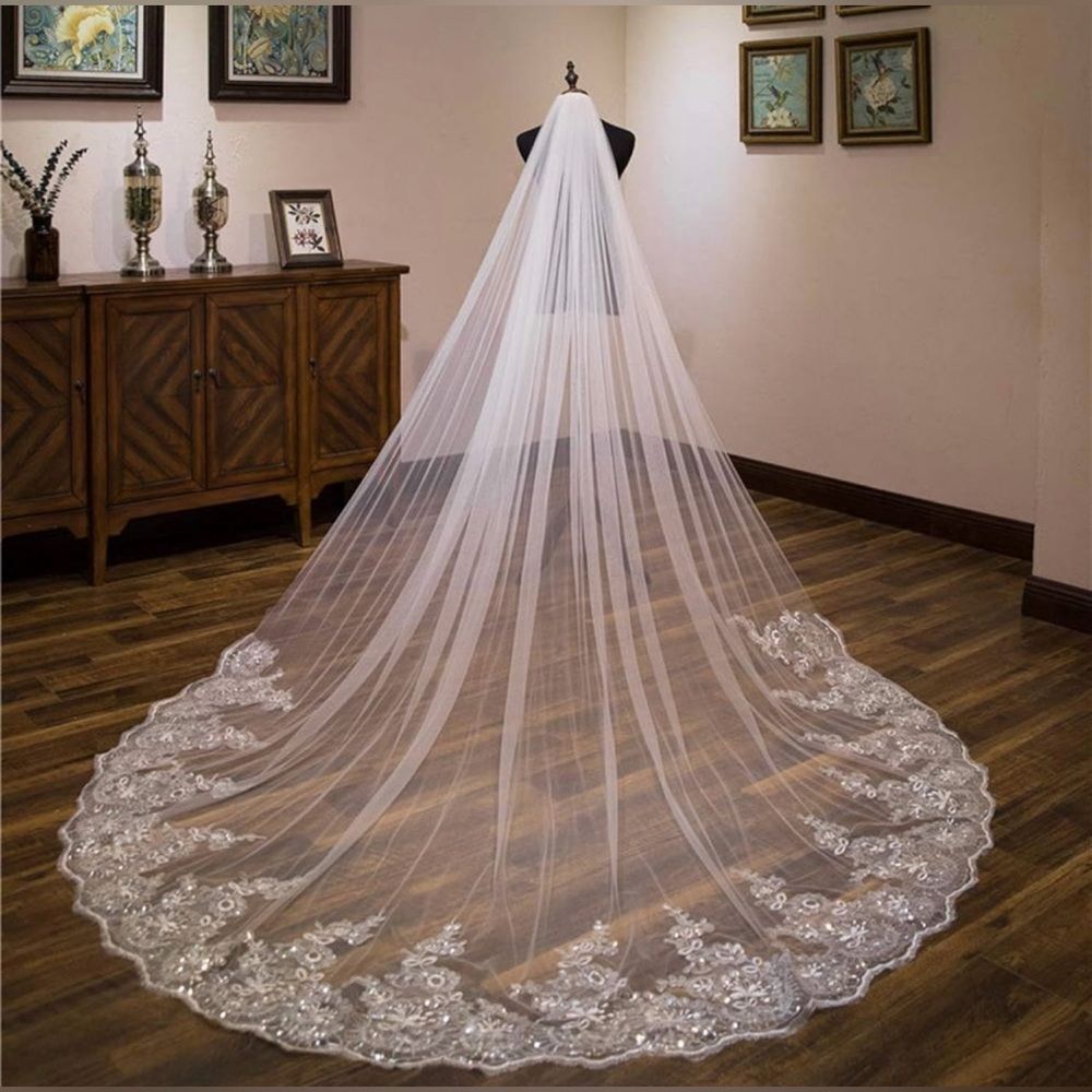 Cathedral Wedding Veil Long Bridal Veil Lace Sequins Edge with Metal Comb